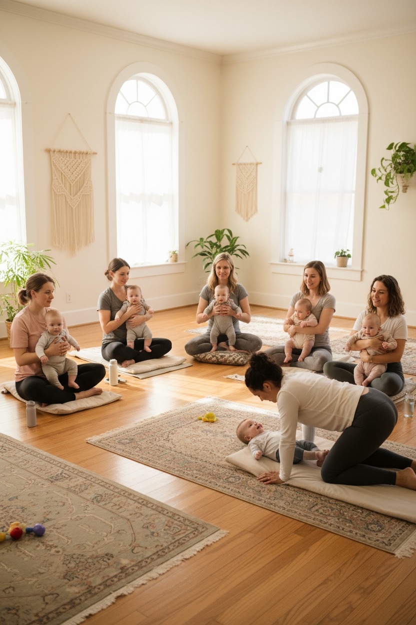 A group of mothers and their infants participate in a baby yoga class in a sunlit studio.